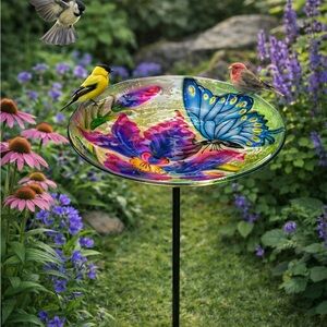 🦋 Handpainted Glass Birdbath with Stake – Butterfly Garden Decor